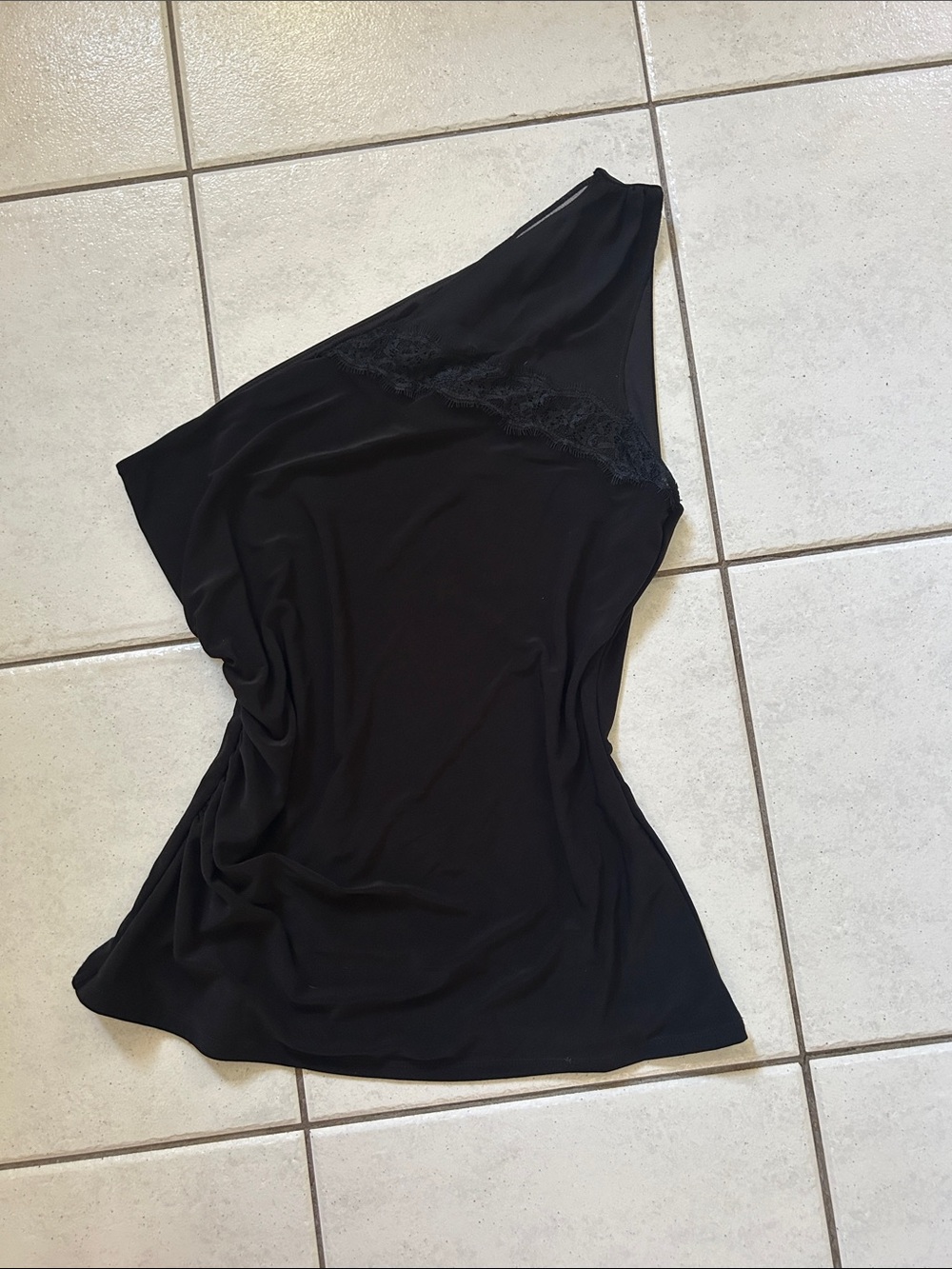 WHBM One-Shoulder Black Lace-Trim Top